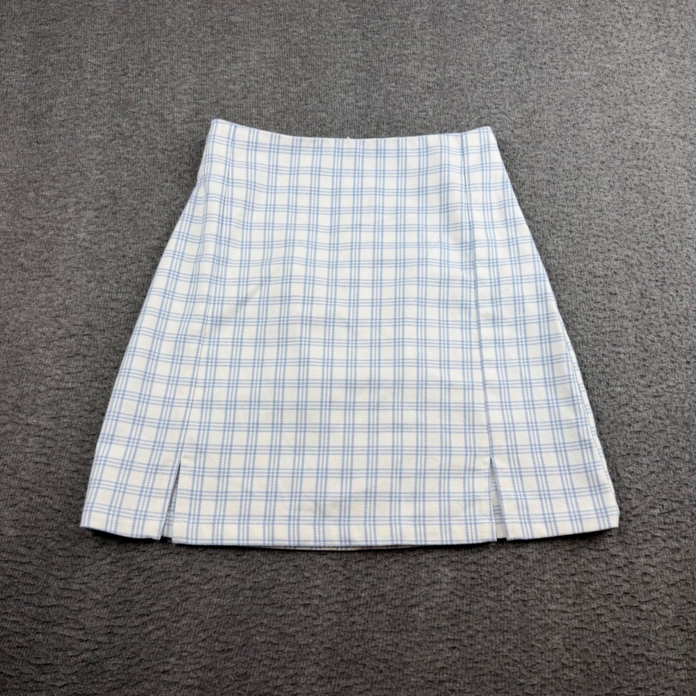Brandy Melville Mini Skirt Women's One Size Blue White Plaid Front Slit A-Line